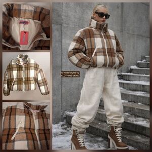 EDIKTED Plaid Crop Puffer Jacket Brown Tan Cream Cotton Blend Women’s Size M